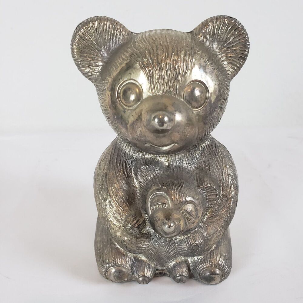 Baby Bear Holding Teddy Bear - Metal Bank / Statue - Vintage Made Taiwan 1970's!